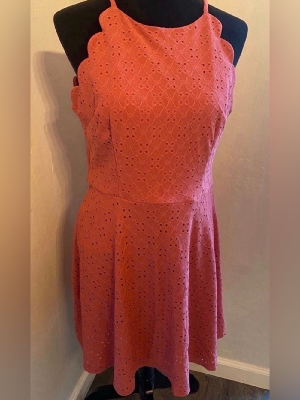 Women's Coral Eyelet Halter Sundress (Size S)